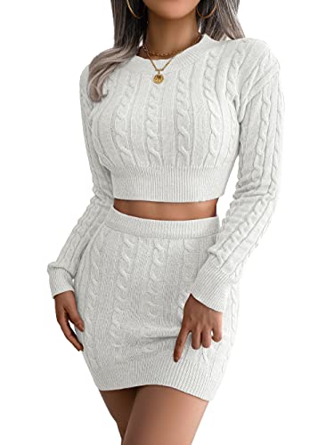Aladeno Women's 2 Piece Sweater Outfits Long Sleeve Ribbed Knit Crop Top Bodycon Mini Skirt Set White S #TOP1