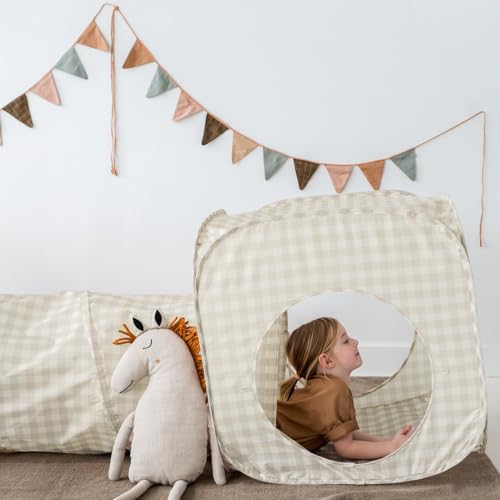 3 Sprouts Play Tent & Tunnel Set for Kids & Toddlers - 3-in-1 Pop Up Play Tent with Crawl Tunnel & Adventure Playhouse - Indoor Fun for Baby and Kids, for Boys & Girls - Gingham Beige - Thumbnail 2