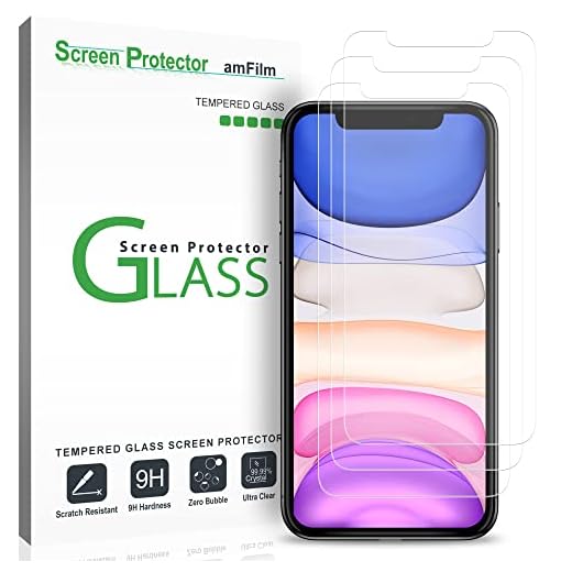 amFilm (3 Pack) Skärmskydd för iPhone 12, iPhone 12 Pro, iPhone 11, och iPhone XR (10R) - Fodralvänligt (Enkel Installation) Härdat Glas Helskärmsskydd (6.1")