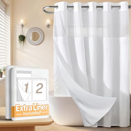 River Dream No Hooks Waffle Weave Shower Curtain with Snap in Liner + an Extra Replacement Liner，Bathroom Curtains Shower Set - 71W x 74H, Hotel Grade, Spa Like Bath Curtain, White