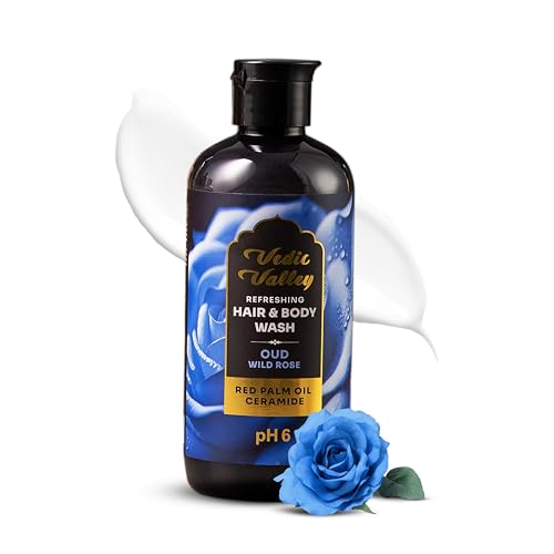 Image of VEDIC VALLEY Oud Wild Rose Hair & Body Wash with Ceramide and Red Palm Oil | Paraben Free Body Wash for Men & Women Helps Reduce Hair Fall & Supports Healthy Growth | Brightens Skin, Nourishes & Moisturizes Formula | 300 ml