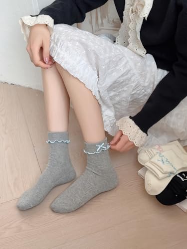 Image of Women's Bow Crew Socks - Cotton Sweet Lolita Dress Breathable Soft Girls' Socks - 3 Pairs