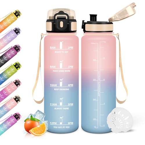 Mulbijeo Gourde Sport, 500ml Étanche & Réutilisable, Gourde Filtrante, Motivation avec Filtre, Bouteille Plastique, pour Gym, École, Bureau, Yoga, Bouteille d'eau, Gourde graduée