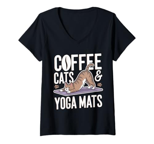 Mujer Coffee Cats and Yoga Mats Funny Cat Lover Yoga Camiseta Cuello V