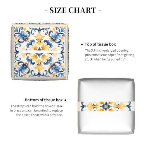 Edafol Yellow Blue Folk Floral Tile Pattern Tissue Box Cover Square PU Leather Waterproof Tissue Box Holder for Car Bathroom Bedroom Office Tabletop Decor by Edafol - Image 5