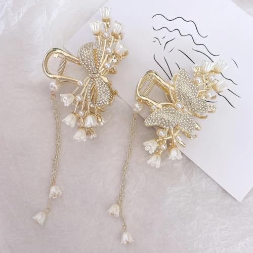 Image of Diversa Rhinestone Golden Peacock Claw Clip, Tassel & Bellflower Embellished Korean Clutcher, Non- Slip Metal Claw Clip for Girls, Fancy Clutcher for Women, Pack of 1