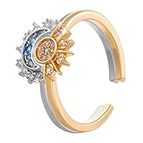 Fzcyuoo Anillo de superposición celestial de sol y luna, anillo abierto con diamantes de imitación, diseño de sol y luna brillando, anillo de mujer en capas, anillo de promesa de amistad ajustable