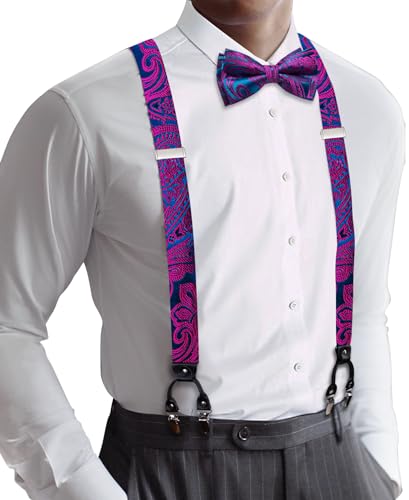 Image of YOHOWA Men Suspenders 6 Clips Strength Adjustable Y Braces Pre-Tied Bow Tie Set Formal Wedding Party