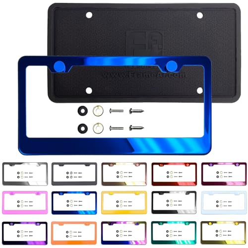 NAROWAN T304 Stainless Steel License Plate Frame Combo Blue Mirror Chrome Electroplating Universal Fit Aluminum Screw On Cap Cover, Rust Proof Weather Proof Silicone Back Guard(Qty: 1 Frame)