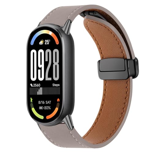 #VerdientProvisionen<br>PU Lederarmband Kompatibel mit Xiaomi Smart Band 10/9 / 8 Magnetischer Magnetverschluss Männer und Frauen Leder Ersatzarmband Uhrenarmbänder für Xiaomi Mi Band 10/9/8 Asche