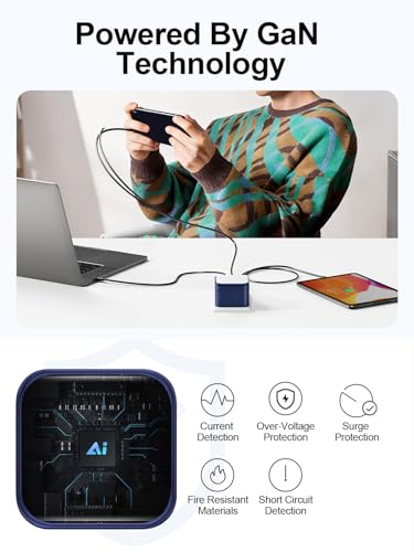 65W GaN USB-C Wall Charger with Touch-Control Night Light, 3-Port Fast Charging Power Adapter (2 USB-C + 1 USB-A), Foldable Plug, PPS Support （Blue） — view 4