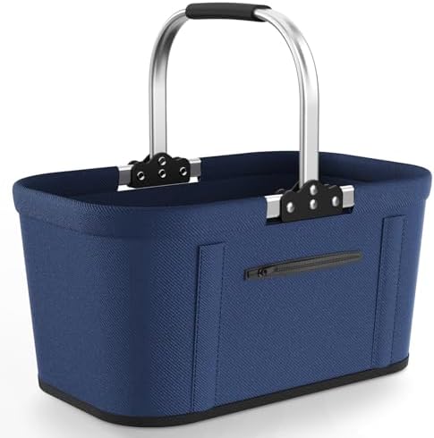 Yeabett 22L Faltbarer Einkaufskorb mit 4 Stützstangen, Blau | Stabiler Tragekorb & Picknickkorb | Großer Faltkorb | 43x27x23cm | Gepolsterte Griffe | Für Einkauf, Reise, Camping, F