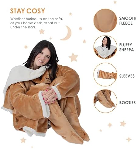 WICKED GIZMOS Wearable Sherpa Fleece Blanket with Sleeves & Foot Pockets for Smartphone, Remote, Snacks  Micro plush Warm Comfy Blankets for Adults, Men, Women on Sofa Couch Bed 185 x 140 cm (BEIGE)