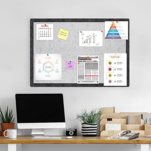 SEG Direct Large Bulletin Board Dark Grey Felt Frame, Decorative Pin Board for Wall 84 cm x 58 cm, Home School Message Board with 35 Push Pins, Light Grey