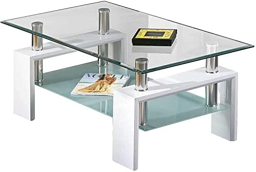 Blisswood Coffee Table For Living Room, Rectangle Glass Coffee Table With Stainless Steel Tube Support & Wooden Legs Modern Coffee Table With Storage Glass Shelf for Home Living Room Furniture (White)