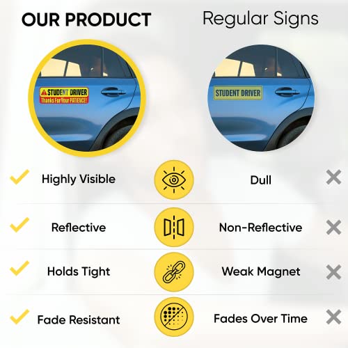 Student Driver Car Magnet Sticker Signs - Essential Magnetic New Driver Sign For Bumper - 3 Pack, 12 By 4" - Remind Others To Please Be Patient - Bright & Reflective Road Safety Sign For Rookies #TOP3