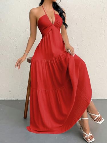 Image of Narecte Women's Maxi Summer Dresses Halter V Neck Beach Dresses for Women A-Line Casual Dress for Vacation