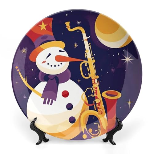 Plato de cerámica de muñeco de nieve con saxofón y soporte 2