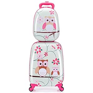 COSTWAY 2tlg Kinderkoffer + Rucksack, Kindertrolley aus Kunststoff, Kindergepäck, Kinder Kofferset Handgepäck Reisegepäck Hartschalenkoffer für Jungen und Mädchen (Rosa Eule, 12"+16")