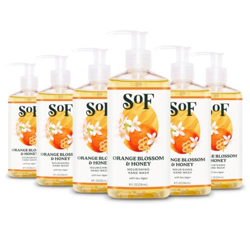 SoF Nourishing Hand Wash - With Moisturizing Sea Algae, Coconut & Olive Oil- Vegan & Non GMO- Free From Phthalates, Sulfates & Parabens- Orange Blossom & Honey - 8 oz Bottle 6 Pack
