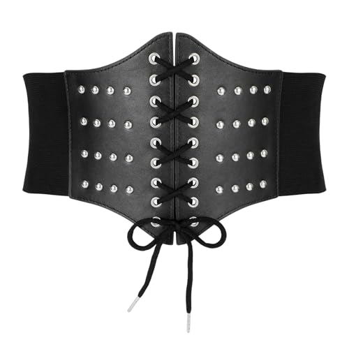 Women's Genuine Leather Waist Belt for Dresses, Wide Elastic Lace-up Cinch Belt with Studded