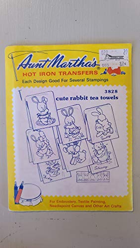 3828 Aunt Martha's Hot Iron Transfer Pattern Cute Rabbit Tea Towels (No Towels Included) for Stamping on Fabrics for Embroidery Needlepoint or Crafts