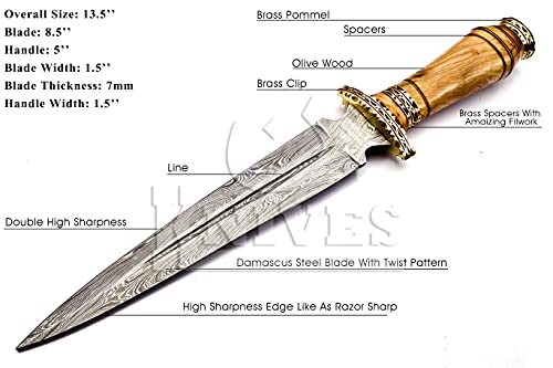 NoonKnives: Hand Made Damascus Steel Collectible Knife Handle Camel Bone with Brass Inserts (olive wood) - Thumbnail 2