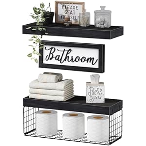 QEEIG Bathroom Shelves Over Toilet - Paper Storage Wall Mounted Farmhouse Decor Decorations Aesthetic Décor Sign Small Floating Wall Shelf 2+1 Set 16 inch, Black (020B) QEEIG Bathroom Shelves Over Toilet Paper Storage Wall Mounted Farmhouse Decor Decorations Aesthetic Decor Sign Small Floating Wall Shelf 21 Set 16 inch Black 020B