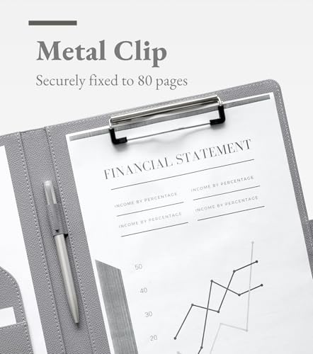 Zreal Padfolio Portfolio for Women and Men, Faux Leather Clipboard Folder with Document Organizer, Business Card & Pen Holder, Fits A4 Letter Size Legal pad for Work, Office & Conference (Grey)