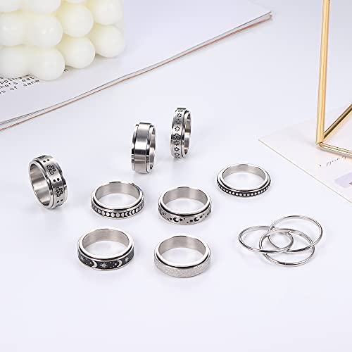 Helicopchain 4-9Pcs Stainless Steel Anxiety Rings For Women Men Hypoallergenic Relieving Stress Anxiety Fidget Band Spinner Ring Moon Star Sand Blast Finish Ring Size 5-14 #TOP5