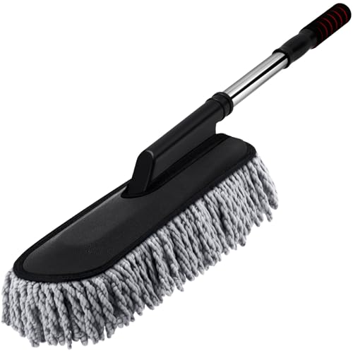 Tanlade 1 Pack Microfiber Car Duster Exterior Scratch Free with Extendable Handle Soft Car Duster Kit for Cleaning Dust Brush Set for Exterior Interior Cleaning Tools (Gray)