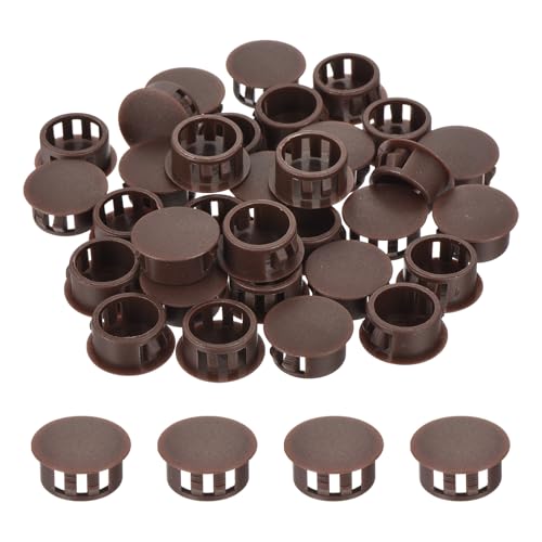 Image of MECCANIXITY 64PCS 17mm(11 /16 inch) Brown Plastic Hole Plugs, Flush Type Panel Hole Plugs Insert End Caps for Locking Hole Tubes Furniture Cabinet