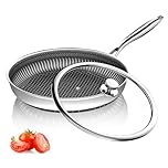 Refein Stainless Steel Frying Pan with Lid, 26CM Non Stick Egg/Omelette Pan Hybrid Skillet for Induction Hob, Chemical-Free Cookware Saute Pan for Electric Gas Ceremic Hob, Dishwasher Safe
