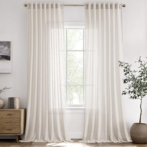 Cream Semi Sheer Linen Curtains 90 Inch Long 2 Panels for Living Room | Light Filtering Flax Linen Drapes, Back Tab Rod Pocket, Modern Farmhouse Neutral Curtains for Bedroom Dining Room