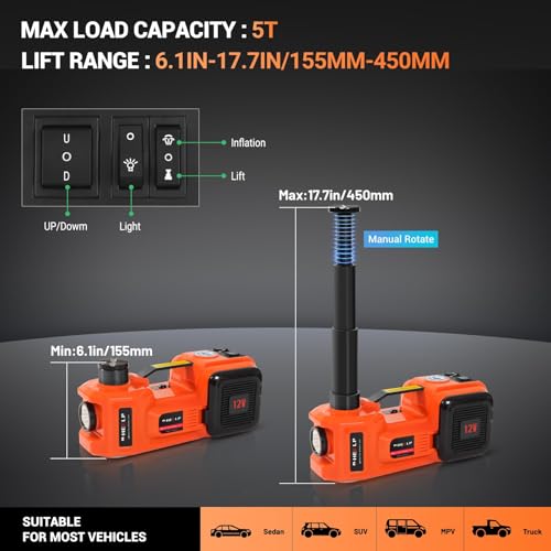 Image of E-HEELP Electric Car Jack, 5 Ton /11023 LBS Hydraulic Jack Lift with Built-in Inflatable Pump and LED Light