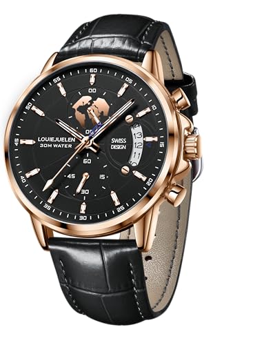LOUIE JUELEN Men's Quartz Watch with Subdials Stainless Steel Analog Wrist Watches Date-Display Waterproof Luminous Chronograph Watch for Men, Rose Gold Shell Black Dial Black Leather Strap