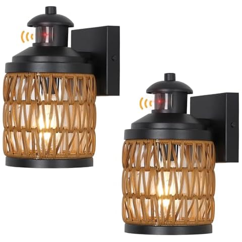 HMVPL 2 Pack Porch Lights Outdoor Motion Sensor, Dusk to Dawn Outdoor Lighting, Exterior Lighting Fixtures with Waterproof Rattan Shade, Outdoor Wall Light Fixture for House, Outside Sconce for Garage Cover