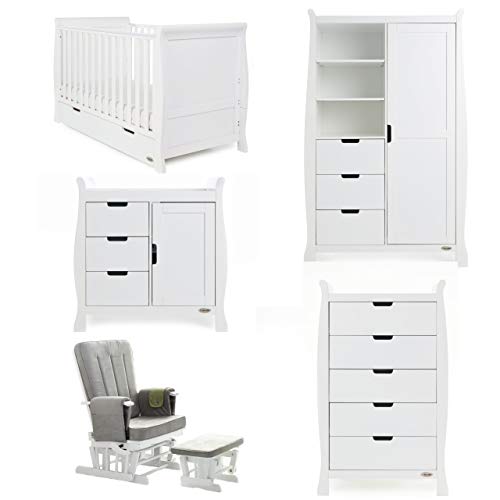 Image of Obaby Stamford Sleigh Cot Bed 5 Piece Nursery Set - White. Includes Cot Bed, Closed Changing Unit, Tall Chest, Double Wardrobe & Deluxe Glider Chair