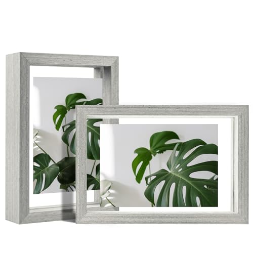 Egofine 4x6 Floating Frames Set of 2, Double Plexiglass Picture Frame, Made of Solid Wood Display Any Size Photo up to 4x6, Wall Mount or Tabletop Standing, Grey