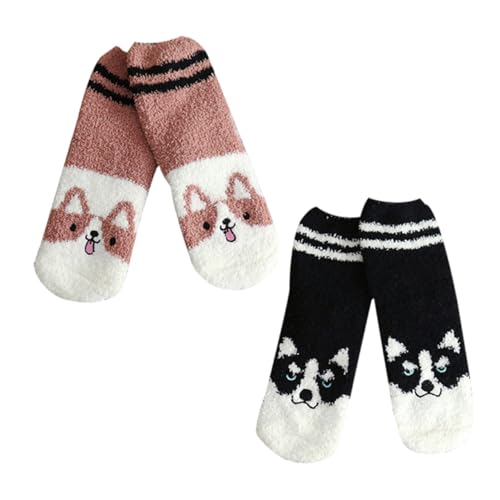 LIGIGWASH 2 Paires Chaussettes de Sommeil Corail Polaire Brodées Chaudes et Confortables pour Hiver Motifs Chien Corgi et Husky Antistress et Respirantes