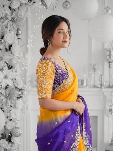 Image of SIRIL Women's Shimmer Chiffon Scalloped Border Sequins Embroidery Saree With Unstitched Blouse Piece