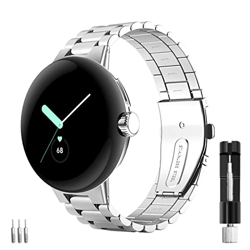Aresh Compatible with Google Pixel Watch Band Women Men, Stainless Steel Adjustable Metal No Gap Band for Google Pixel Watch Silver