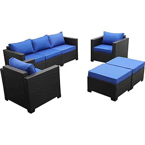 Outdoor Wicker Furniture Couch Set 5 Pieces, Patio Furniture Sectional Sofa With Royal Blue Cushions And Furniture Covers, Black Rattan #TOP6