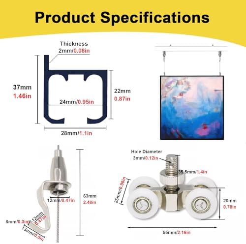 Heavy-Duty Black Aluminum Art Display Track - Silent Sliding Pulley System for Paintings & Photos, Adjustable Hooks, 1.5m Rail + 0.5m Cable Included, Perfect for Home & Gallery Use