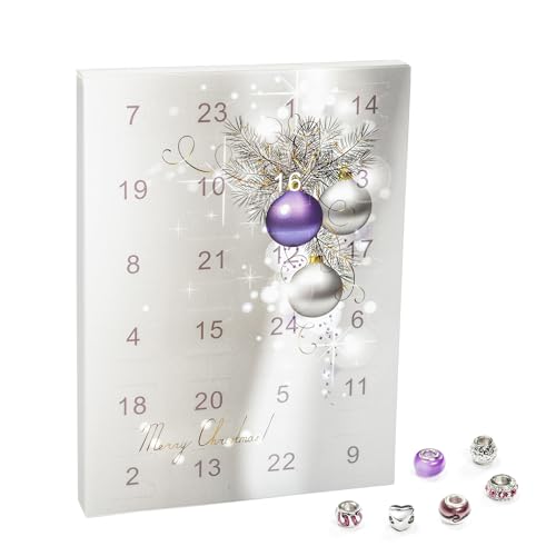 Adventskalender für Paare 2021 4 VALIOSA Merry Christmas Mode-Schmuck Adventskalender mit Halskette, Armband + 22 individuelle Perlen-Anhänger aus Glas & Metall, das besondere Geschenk für Mädchen & Frauen, lila, 24-teilig (1 Set)