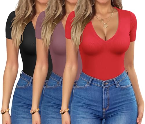 HOTOUCH Deep V Neck Tops for Women Sexy Low Cut Summer Ribbed Knit T Shirts Slim Fit Stretchy Basic Fashion Tee