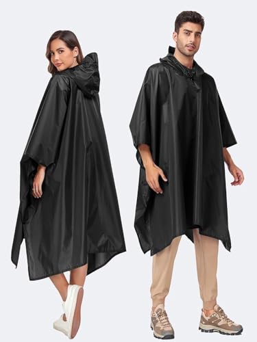 MZ Waterproof Rain Poncho with Hood, Reusable, Packable with Storage Bag, Black