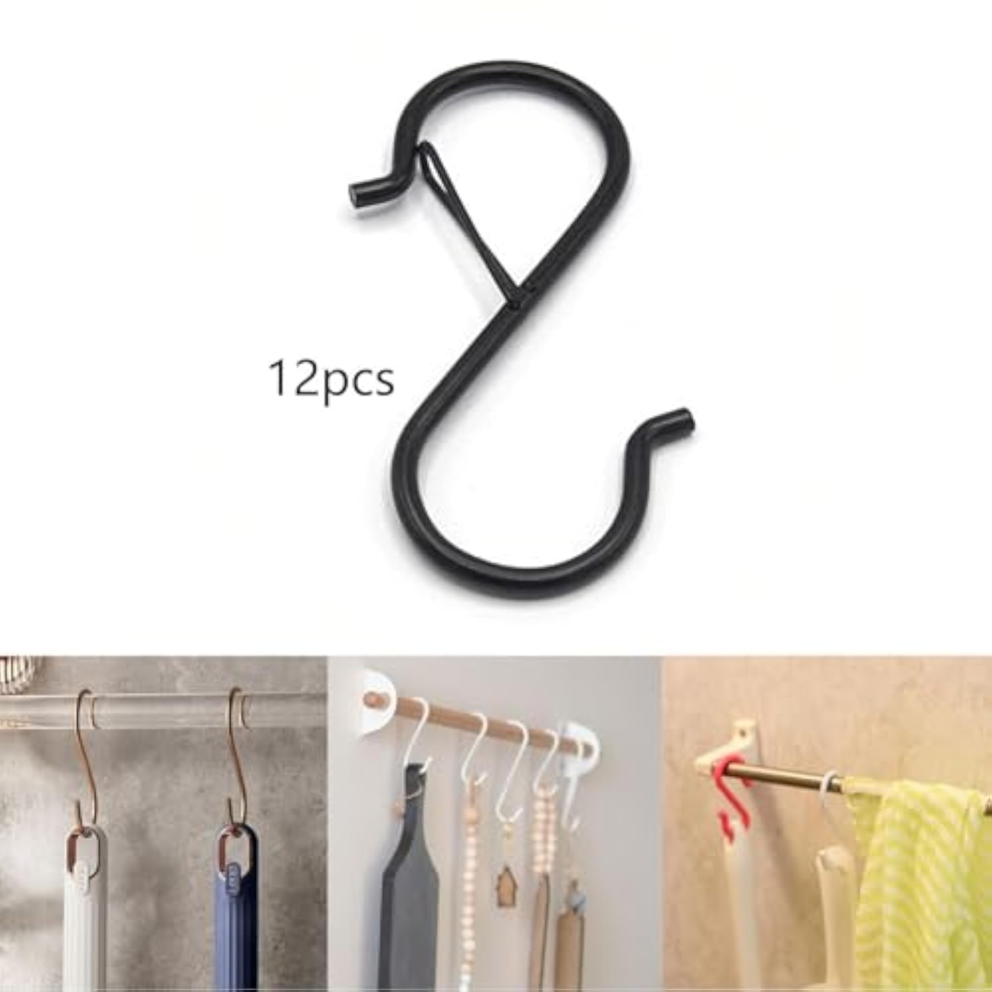12Pcs Carbon Steel S Hooks for Closet Rod & Kitchenware