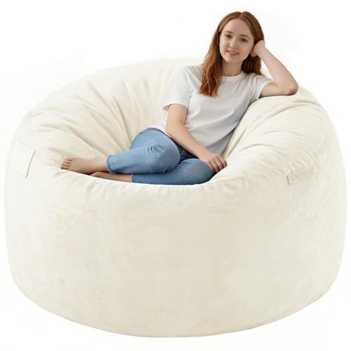 SIMFLAG 5FT Bean Bag Chair Large Bean Bag Chairs with Memory Foam Filled Fluffy Beanbag Sofa with Dutch Velvet Cover Round BeanBag Chairs for Living Room Playroom - Beige