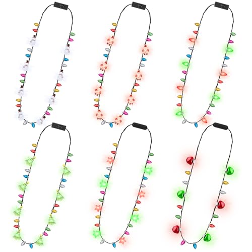 6 PCS Christmas Glow Necklace, 3 Modes Santa Snowmen Bells Xmas Party Set